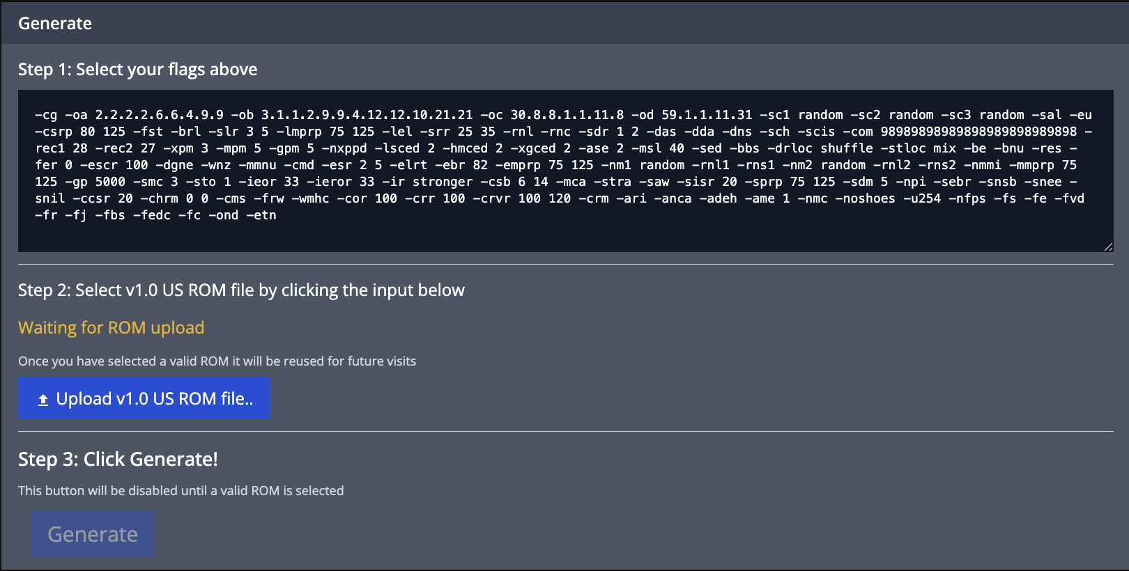 FF6 Randomizer generate page showing a wall of cryptic flag strings