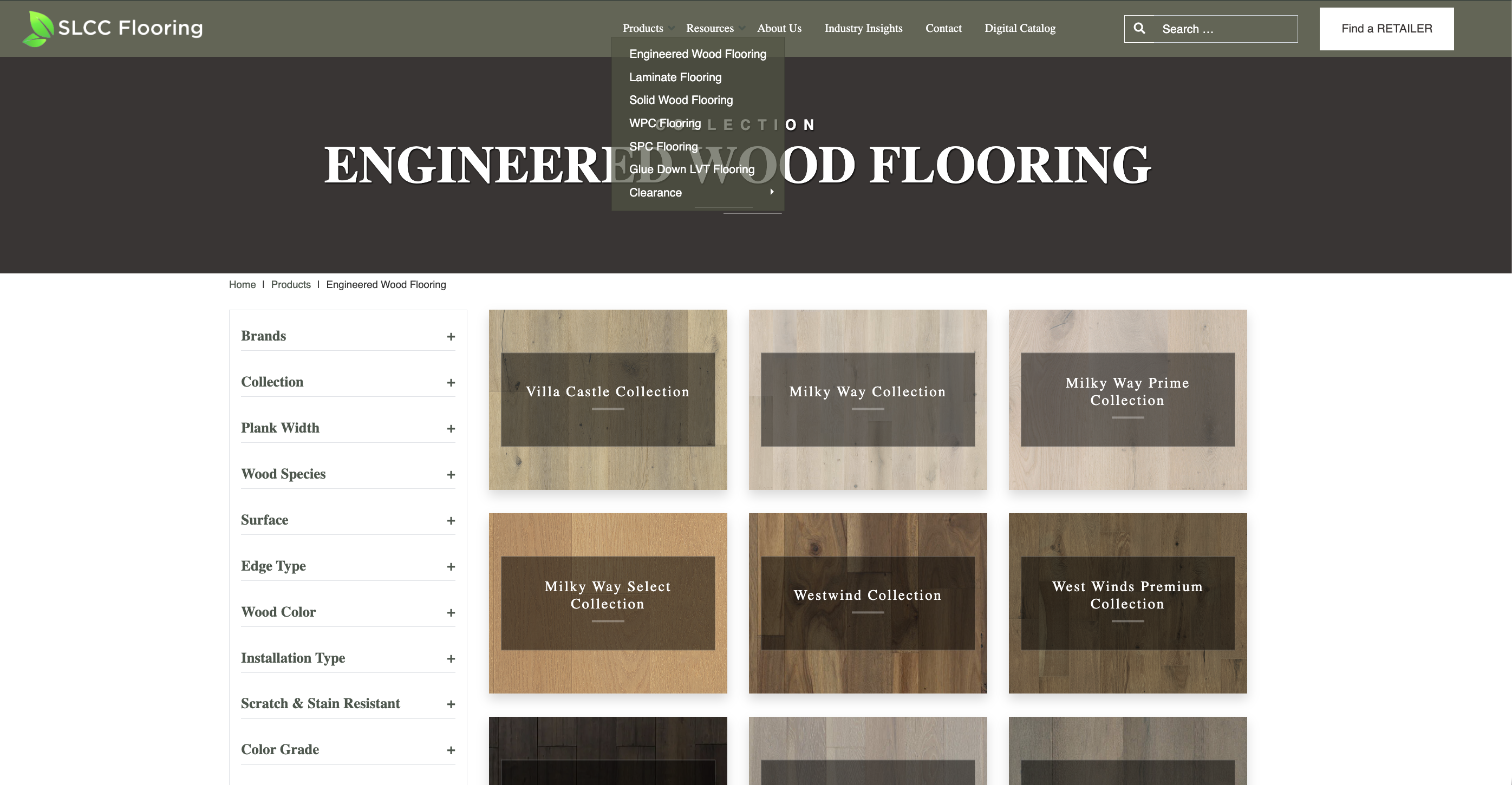 SLCC Flooring Engineered Wood Flooring catalog with left sidebar collection filters and product grid