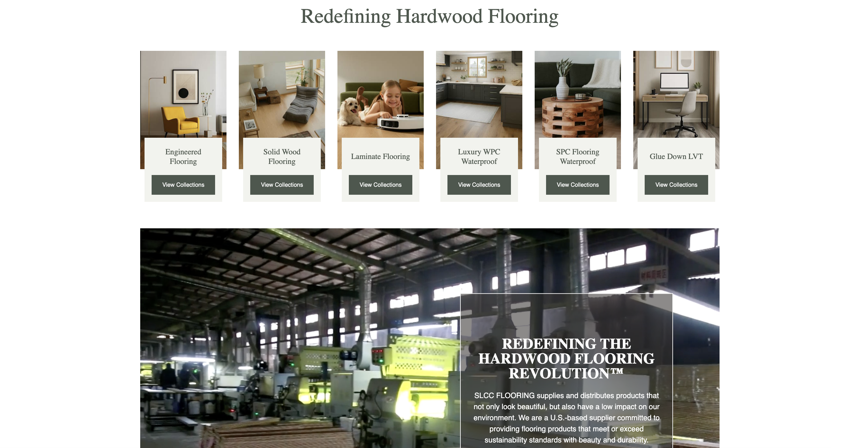 SLCC Flooring redesigned homepage showing six product categories with lifestyle photography