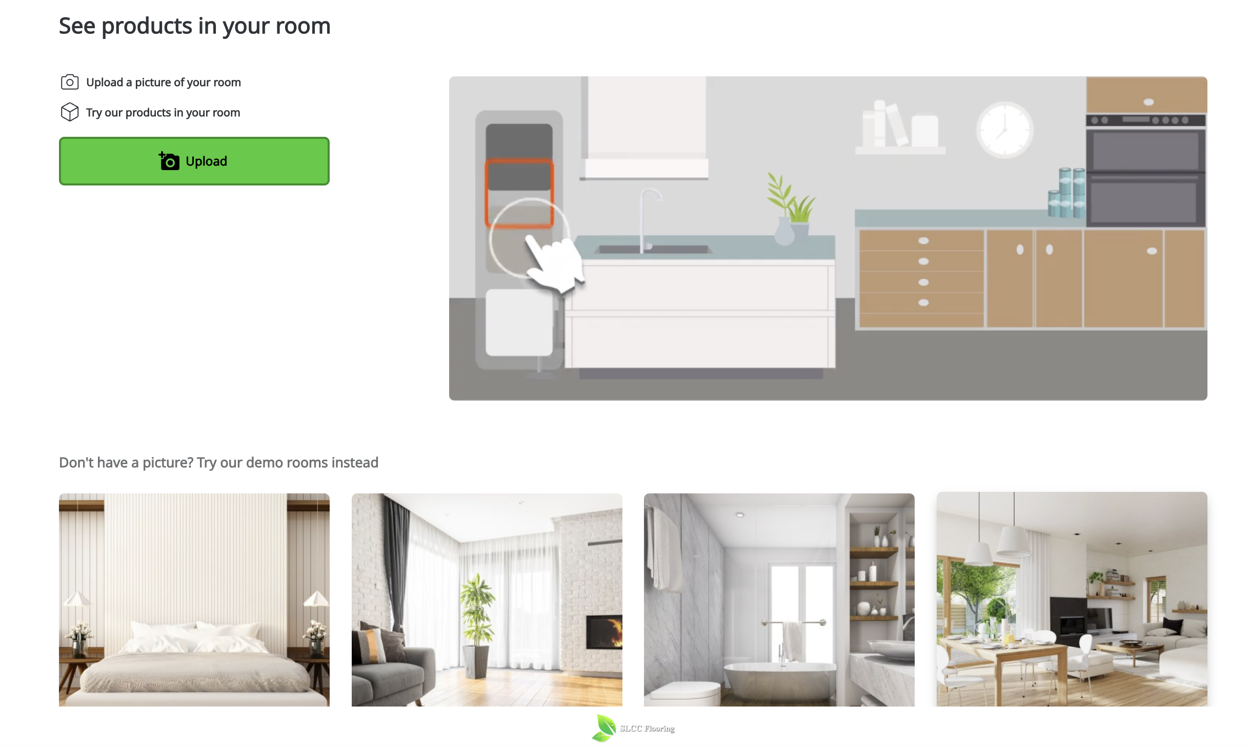 SLCC Flooring room visualizer showing upload room photo or demo rooms option